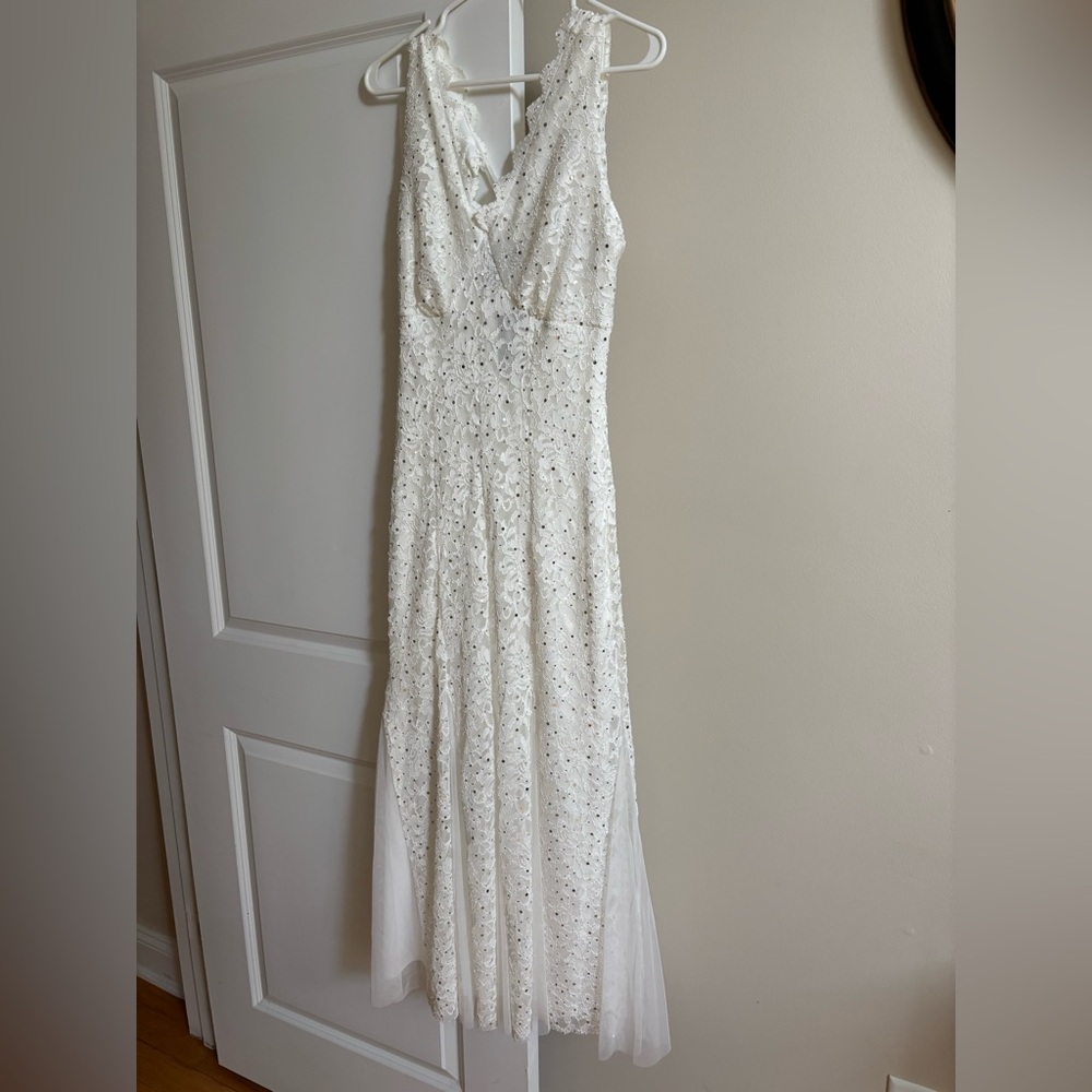 Elegant White Lace and silver sequined Gown. Wedding gown. Party dress